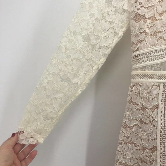 Express Dress Womens 6 Ivory Lace Semi Sheer Cut Out Deep V Neck Lace Mini Boho - Picture 2 of 12